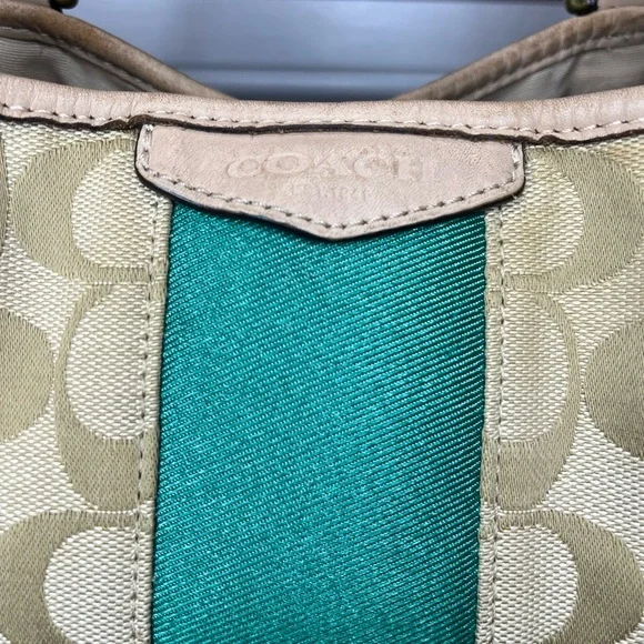 Coach 2014 Signature Canvas Shoulder Bag with Green Center Stripe - REHAB - Picture 4 of 10